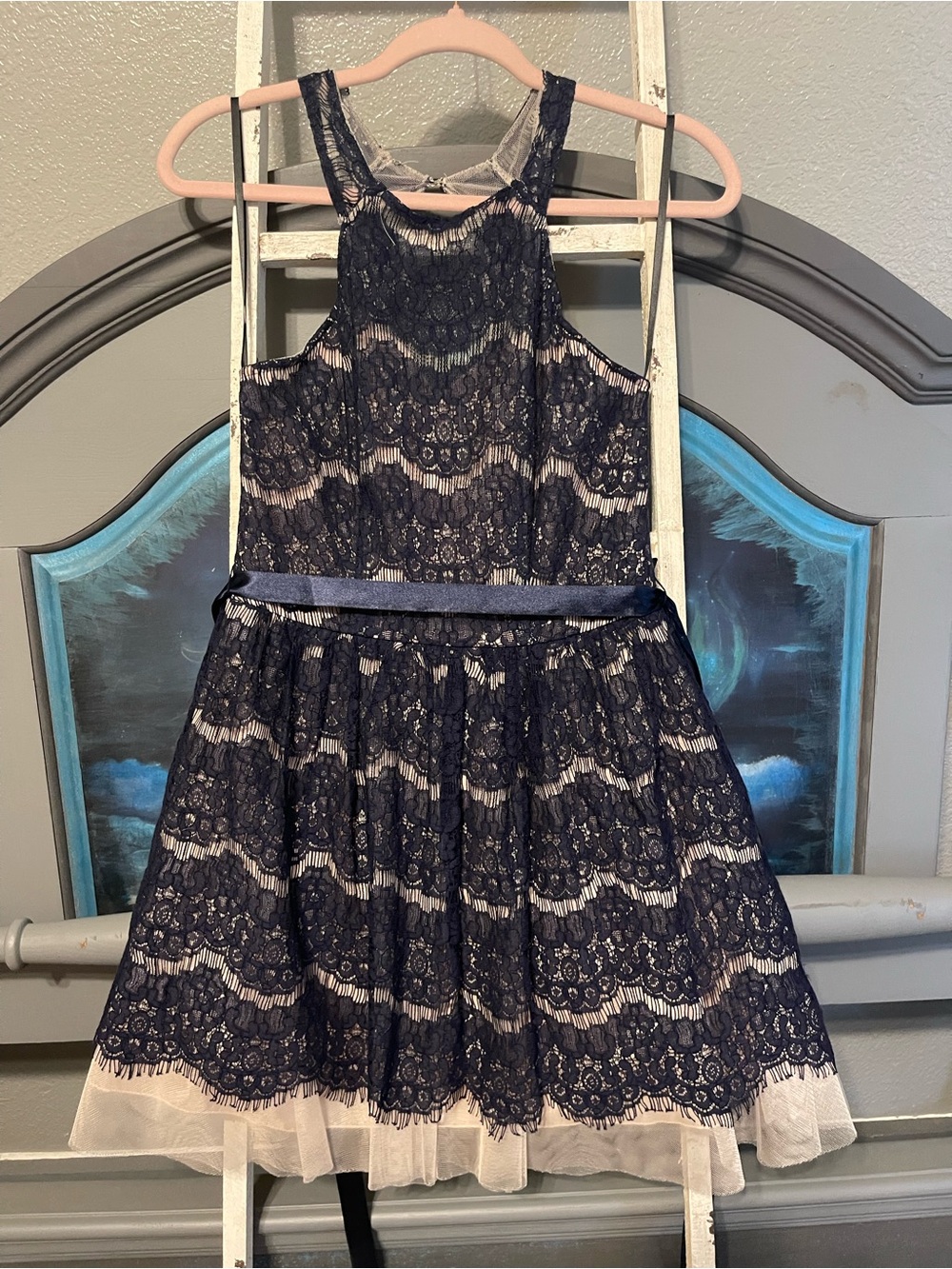 B Darlin Navy Lace & Cream Tulle Party Dress